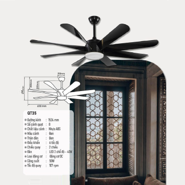 QT35: Quạt trần đèn LED 8 cánh nhựa ABS