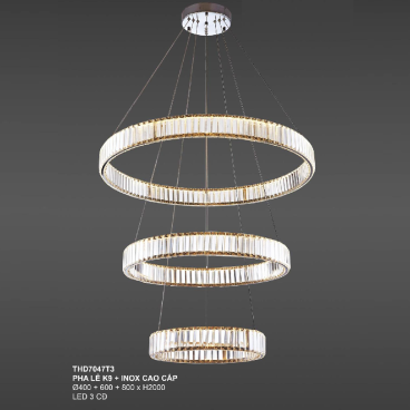 35 - THD7047T3: Đèn thả 3 vòng LED Phale K9 - KT: Ø(400+600+800)mm x H2000mm - Đèn LED đổi 3 màu