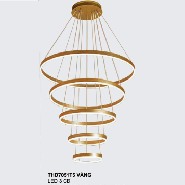 355 - THD7051T5 Vàng: Đèn thả 5 vòng LED xi màu vàng - KT: Ø(200+400+600+800+1000)mm x H3000mm  - Đèn LED đổi 3 màu