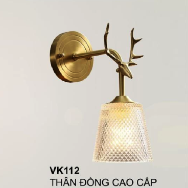 35 - VK112: Đèn gắn tường 1 bóng, thân đồng, chao thủy tinh - KT: Ø130mm x H320mm  - Đèn chân E14 x 1 bóng