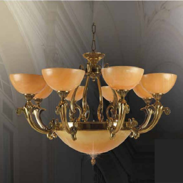 LH - CDQT - 36: chùm đồng 8 tay chao đá - KT: Ø1000mm x H600mm - Bóng đèn chân E14  x 12 bóng