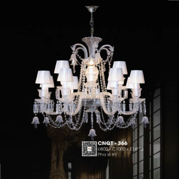 CNQT - 366: Đèn chùm PhaleK9, chao vải 12 tay - KT: Ø800mm x H1000mm - Bóng đèn nến E14 x 12 bóng