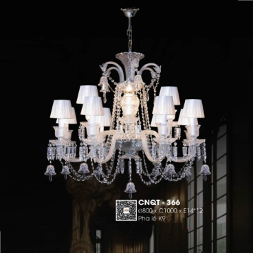 CNQT - 366: Đèn chùm PhaleK9, chao vải 12 tay - KT: Ø800mm x H1000mm - Bóng đèn nến E14 x 12 bóng