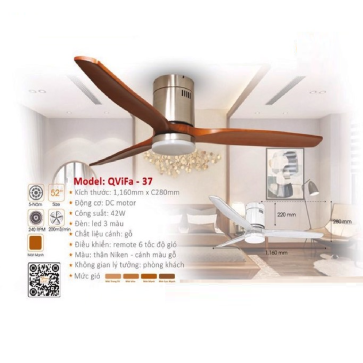 QViFa  - 37: Quạt trần Đèn LED 3 cánh gỗ gắn sát trần