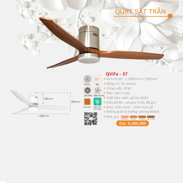 QViFa - 37:  Quạt trần đèn gắn sát trần 3 cánh gỗ