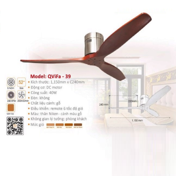 QViFa - 39: Quạt trần 3 cánh gỗ gắn sát trần