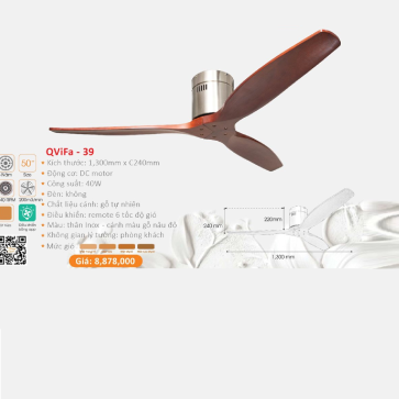 QViFa - 39: Quạt trần gắn sát trần 3 cánh kim gỗ