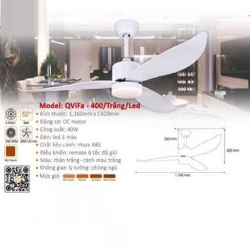 QViFa - 400/Trắng/LED: Quạt trần 3 cánh Nhựa