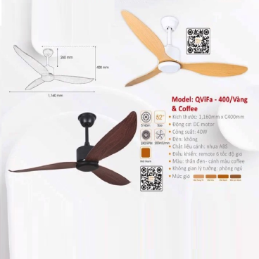 QViFa - 400/Vàng & Coffee: Quạt trần 3 cánh nhựa màu vàng / màu Coffee