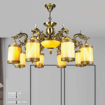 S - CĐ 4020A/8: Đèn chùm đồng chao đá 8 tay - KT: Ø1020mm x H600mm - Bóng đèn E14 x 8 bóng + Đèn LED