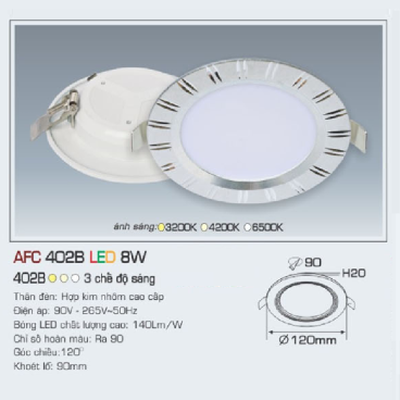 AFC 402B LED 8W: Đèn LED âm trần siêu mỏng viền bạc 8W,  1 chế độ ánh sáng (vàng/trung tính/trắng)