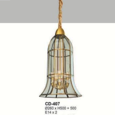 E - CD - 407: Đèn thả đồng - KT: Ø260mm x H500mm +500mm - Bóng đèn E14  x 2 bóng