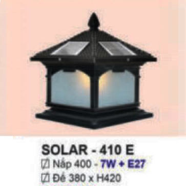 SOLAR - 410E: Đèn gắn đầu trụ NLMT - KT: Mái: 400mm - Đế: 380mm x H420mm - Đèn LED 7W đổi 3 màu + Đèn E27 x 1