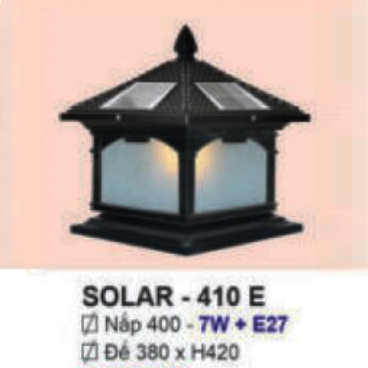 SOLAR - 410E: Đèn gắn đầu trụ NLMT - KT: Mái: 400mm - Đế: 380mm x H420mm - Đèn LED 7W đổi 3 màu + Đèn E27 x 1