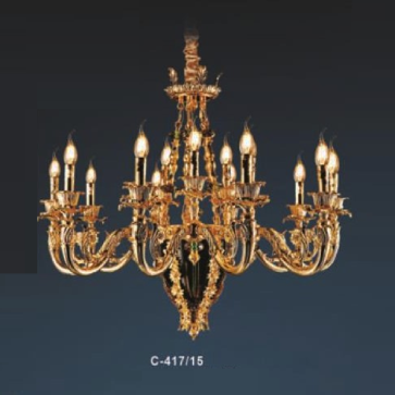 E - C - 417/15: Đèn chùm nến 15 tay chao đáy thủy tinh màu - KT: Ø950mm x H800mm + 500mm - Bóng đèn nến E14 x 15 bóng