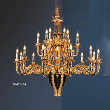 E - C - 418/24: Đèn chùm nến 24 tay chao đáy thủy tinh màu - KT: Ø1200mm x H1200mm + 500mm - Bóng đèn nến E14 x 24 bóng