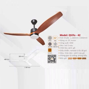 QViFa - 42: Quạt trần đèn LED  3 cánh gỗ tự nhiên