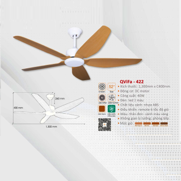 QVifa - 422: Quạt trần đèn LED 5 cánh nhựa ABS