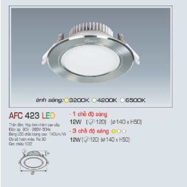 AFC 423 LED 12W: Đèn LED âm trần siêu mỏng 12W, 1 chế độ ánh sáng (vàng/trung tính/trắng)