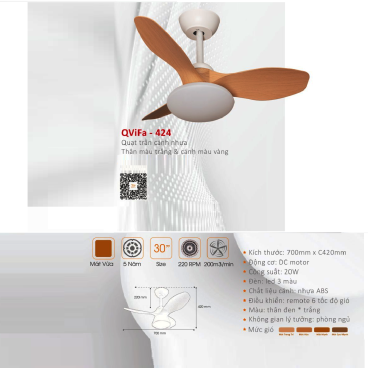 QVifa - 424: Quạt trần  đèn LED 3 cánh nhựa