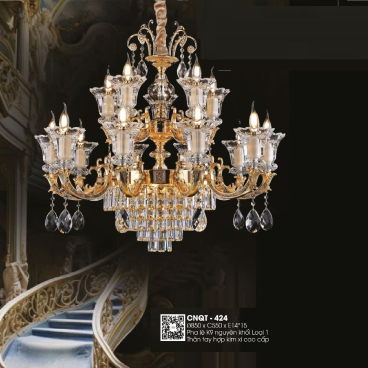 CNQT - 424: Đèn chùm  nến 15 tay - KT: Ø850mm x H550mm - Bóng đèn E14 x 15 bóng