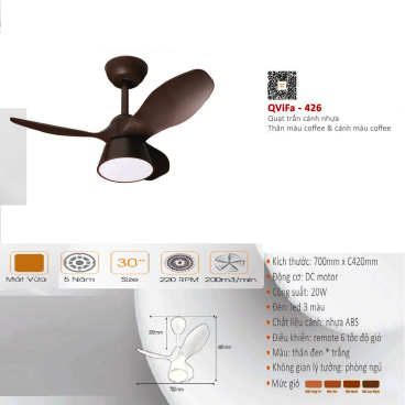 QVifa - 426: Quạt trần  đèn LED 3 cánh nhựa