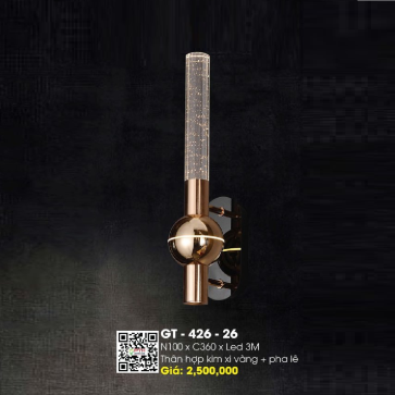 GT- 426-26: Đèn gắn tường LED - KT: Ø100mm x H360mm - Bóng đèn LED ánh sáng vàng 3500K