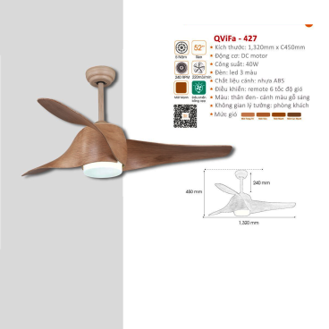 QVifa - 427: Quạt trần  đèn LED 3 cánh nhựa