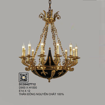 DCD427T12: Đèn chùm đồng nến 12 tay - KT: Ø900mm x H1000mm -  Bóng đèn E14 x 12 bóng