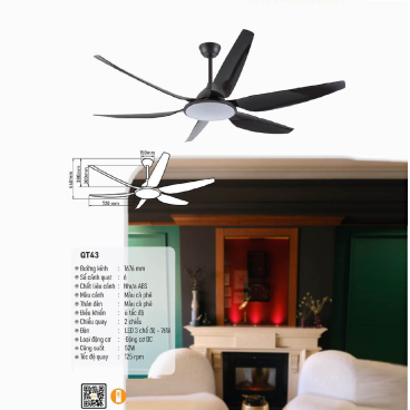 QT43: Quạt trần đèn LED 6 cánh Nhựa ABS
