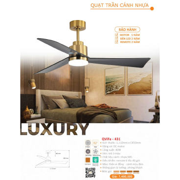 QViFa - 431: Quạt trần Đèn 3 cánh nhựa