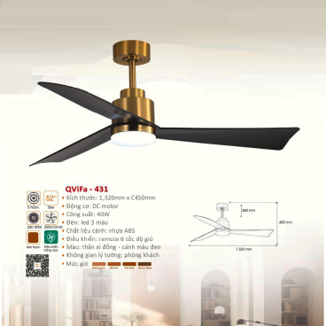 QVifa - 431: Quạt trần đèn LED 3 cánh nhựa