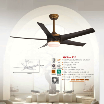 QVifa - 432: Quạt trần  đèn LED 5 cánh nhựa
