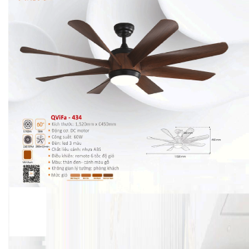 QVifa - 434: Quạt trần đèn LED 8 cánh Nhựa ABS