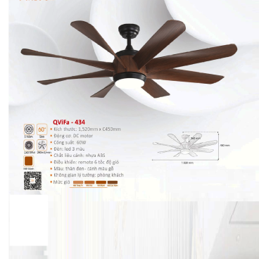 QVifa - 434: Quạt trần đèn LED 8 cánh Nhựa ABS