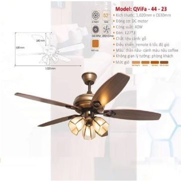 QViFa - 44-23: Quạt trần đèn 5 cánh gỗ công nghiệp