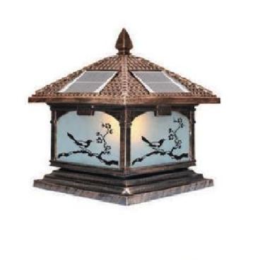 SOLAR - 453E: Đèn gắn đầu trụ NLMT - KT: Mái: 400mm - Đế: 380mm x H420mm - Đèn LED 7W đổi 3 màu + Đèn E27 x 1