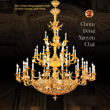 E- CD 456/30+15+5: Đèn chùm đồng nến 50 tay - KT: Ø1650mm x H2350mm + 500mm - Bóng đèn chân E14 x 70 bóng