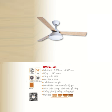QVifa - 46: Quạt trần  đèn LED 3 cánh gỗ
