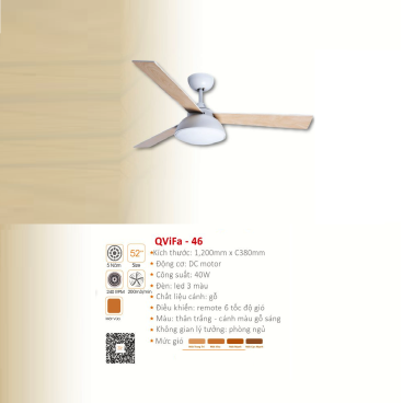 QVifa - 46: Quạt trần  đèn LED 3 cánh gỗ