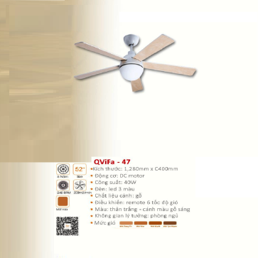 QVifa - 47: Quạt trần đèn LED 3 cánh kim gỗ