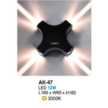 AK - 47: Đèn LED gắn tường ngoài trời - KT: L160mm x W60mm x H160mm - Đèn LED 12W, ánh sáng vàng 3000K
