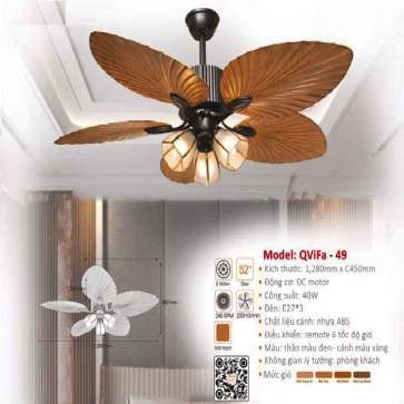 QViFa - 49: Quạt trần đèn 5 cánh Nhựa hình lá cọ