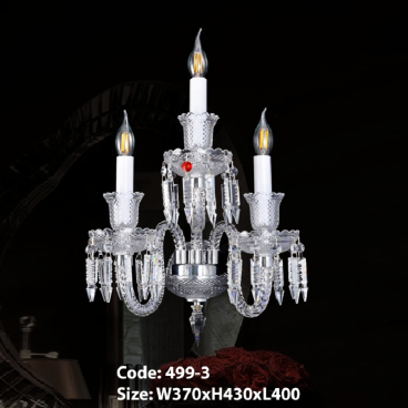 CODE: 499-3: Đèn gắn tường 3 bóng Phale K9 - KT: L400mm x W370mm x H430mm - Bóng đèn nến chân E14 x 3