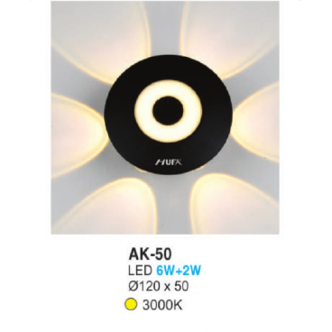 AK - 50: Đèn LED gắn tường ngoài trời - KT: Ø120mm x H50mm - Đèn LED 6W + 2W, ánh sáng vàng 3000K