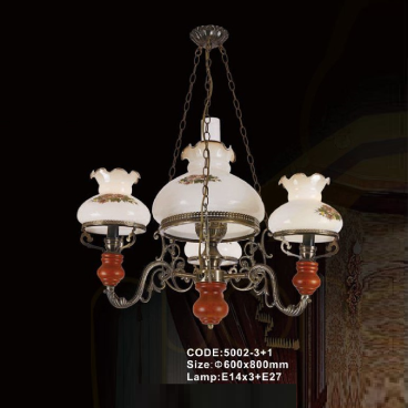 CODE: 5002-3+1: Đèn chùm 4 tay chao thủy tinh - KT: Ø600mm x H800mm -  Bóng đèn E14 x 3 + E27 x 1