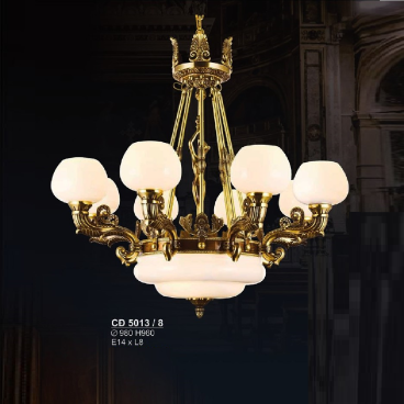 S - CĐ 5013/8: Đèn chùm đồng 8 tay chao thuỷ tinh - KT: Ø 980mm x H960mm - Bóng đèn chân E14 x 8 bóng