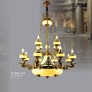 SN - CĐ - 5016/8+4 : Đèn chùm đồng 12 tay chao đá - KT: Ø 1100mm x H 1250mm - Bóng đèn chân E14 x 12 bóng