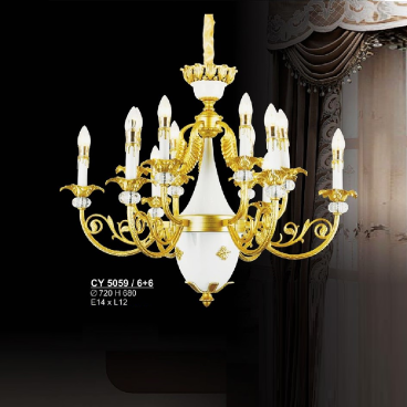 S - CY 5058/6+6: Đèn chùm 12 tay, chao thuỷ tinh - KT: Ø720mm x H680mm - Bóng đèn E14 x12 bóng