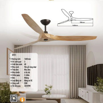 QT51: Quạt trần 3 cánh gỗ